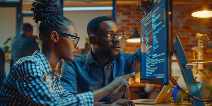 Two computer programmers reviewing code together at a desk.