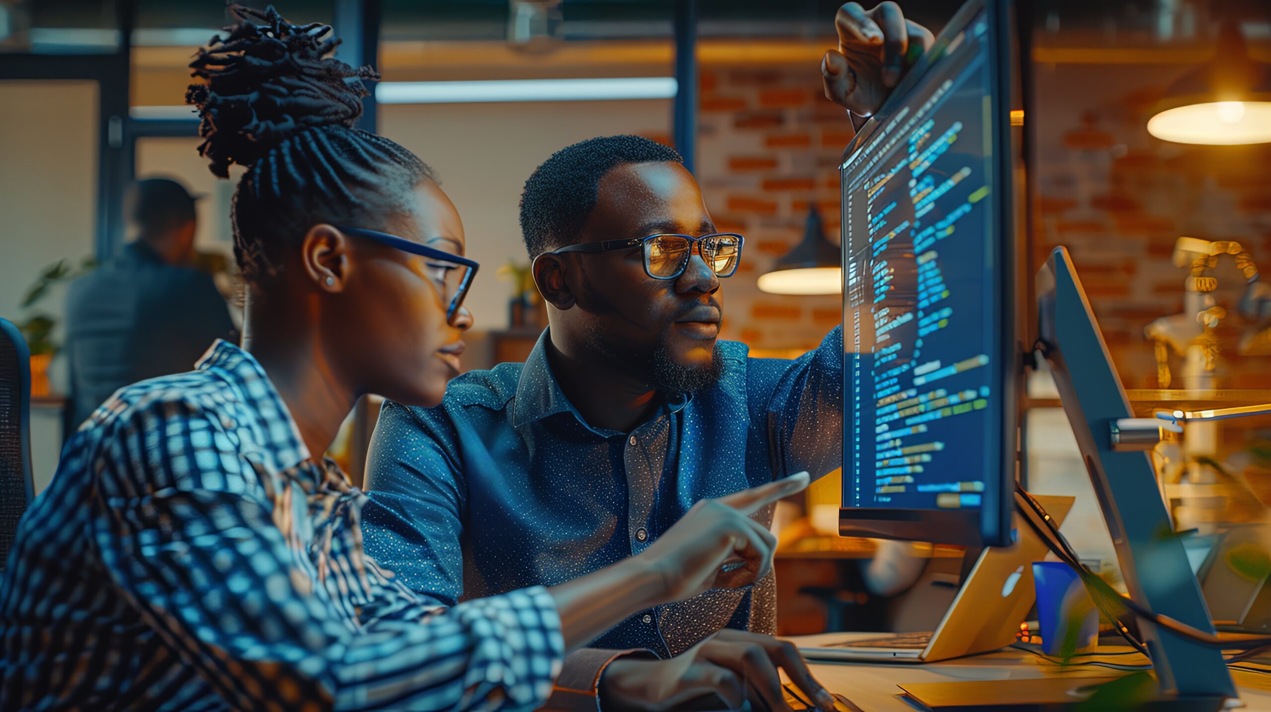 Two computer programmers reviewing code together at a desk.