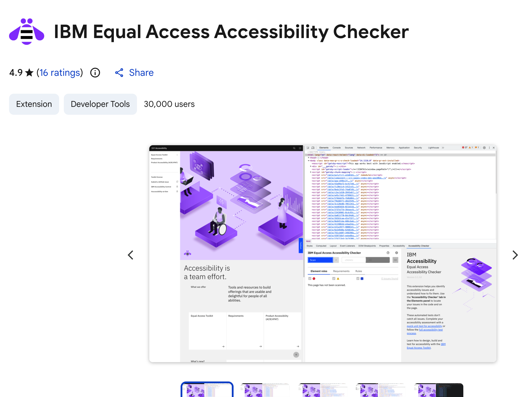 Screenshot of IBM Equal Access Accessibility Checker screen on Google Chrome store.