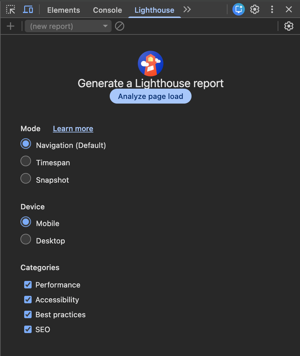 Screenshot of the Lighthouse tab on Chrome browser in dark mode.