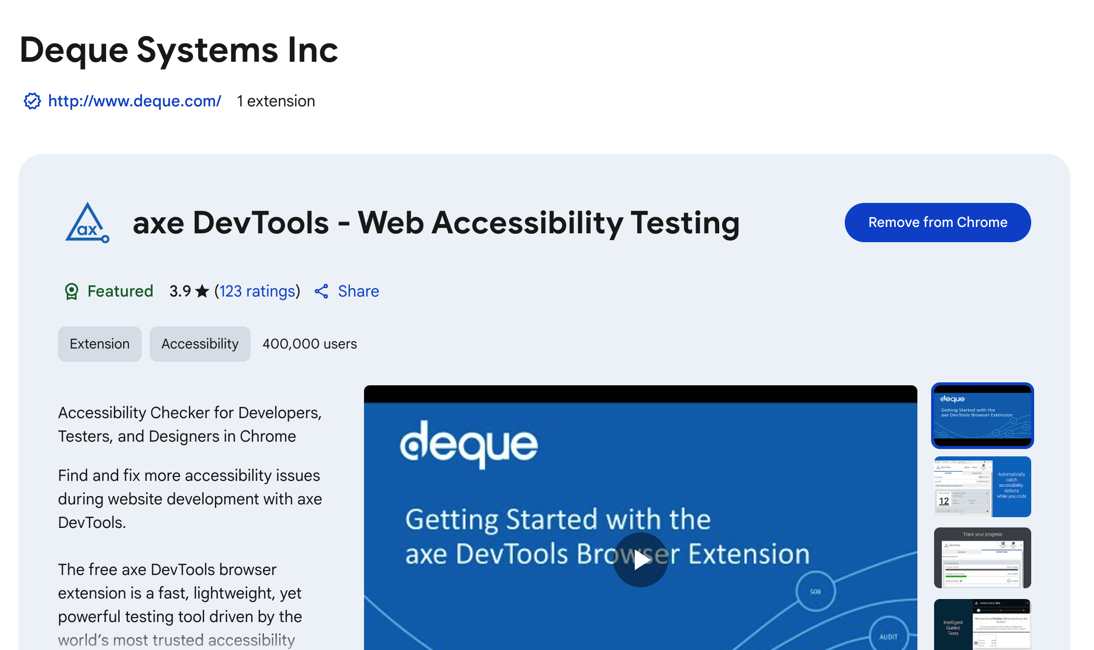 Screenshot of Deque's Axe Developer Tools page on Chrome store.