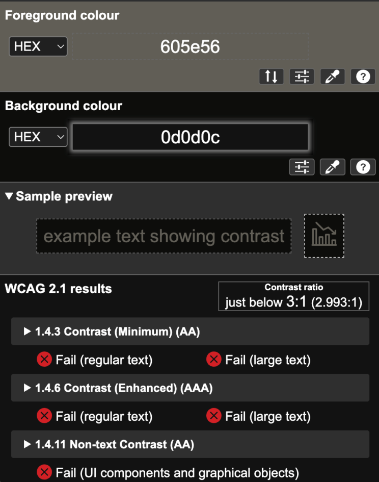 Colour Contrast Analyser (TPGi tool) showing this color palette fails WCAG AA. 