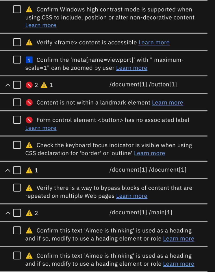 IBM accessibility tool's list of errors